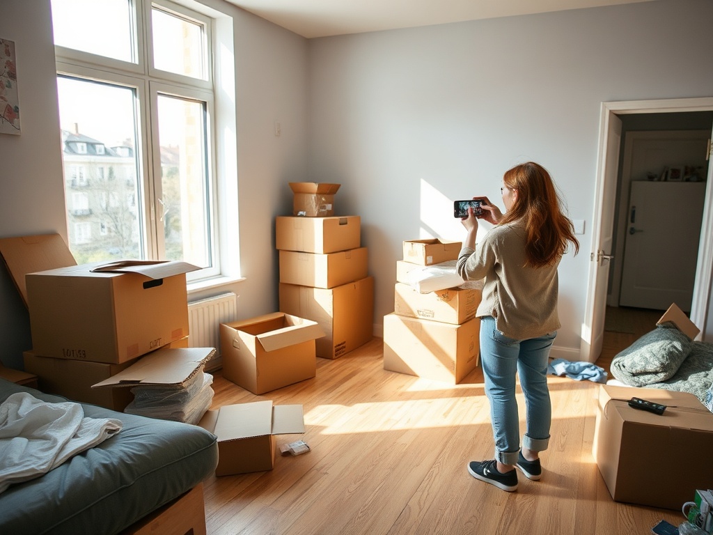 slightly messy apartment with moving boxes, person taking photos of walls and floors with phone, natural light, realistic lived-in scene
