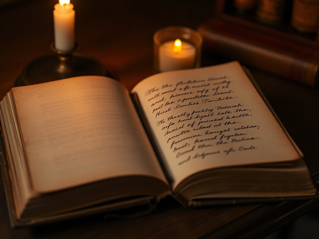 antique book with handwritten inscription on flyleaf under warm candlelight suggesting history and ownership