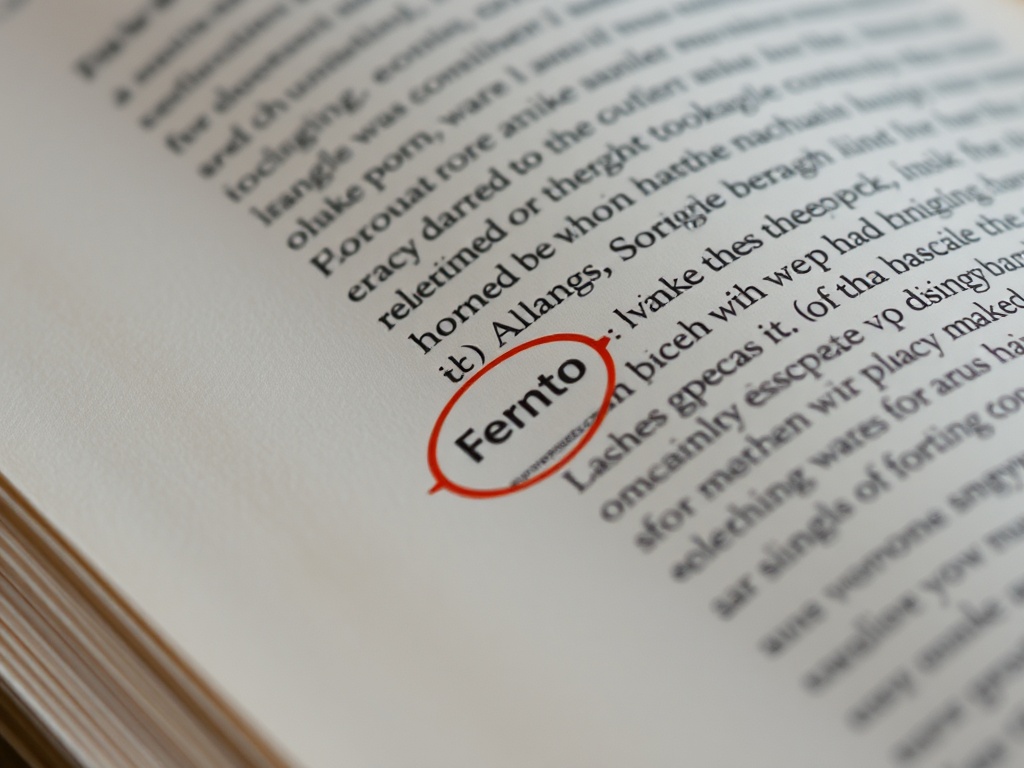 macro detail of a printed page with a small typographical error circled in soft light