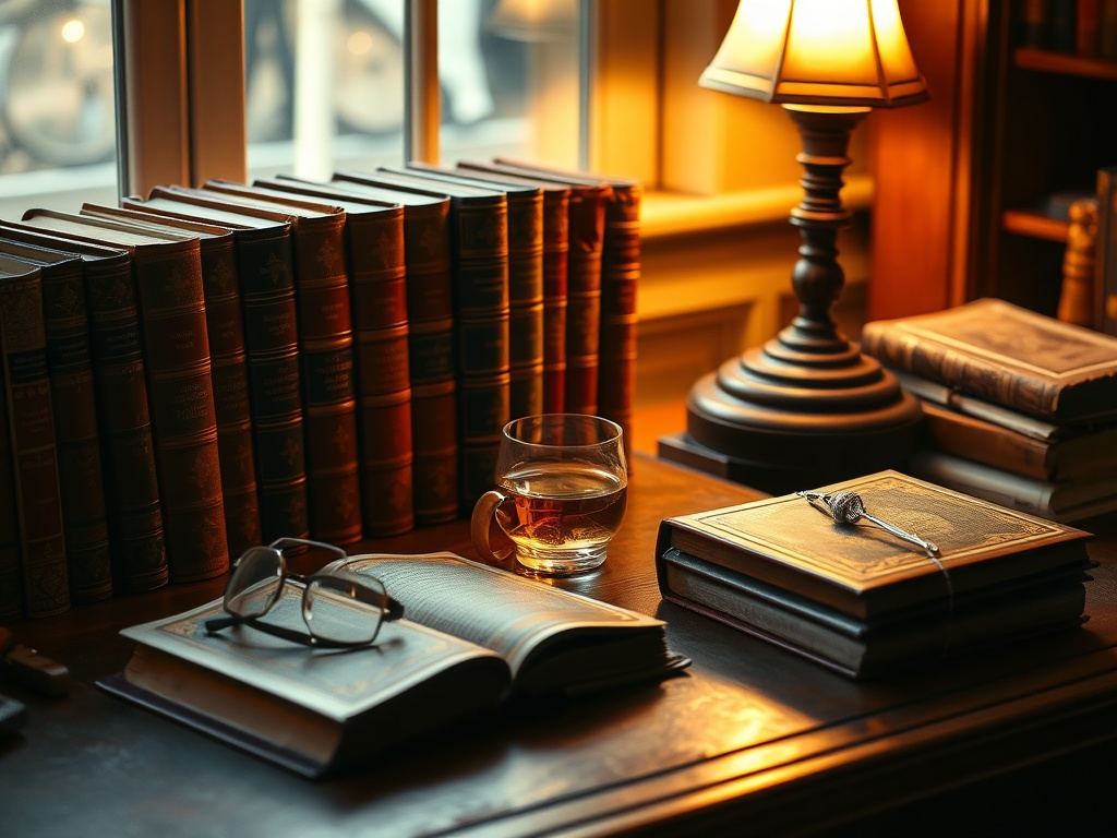 A Victorian study desk with rare books, spectacles, and a glass of scotch under dim light