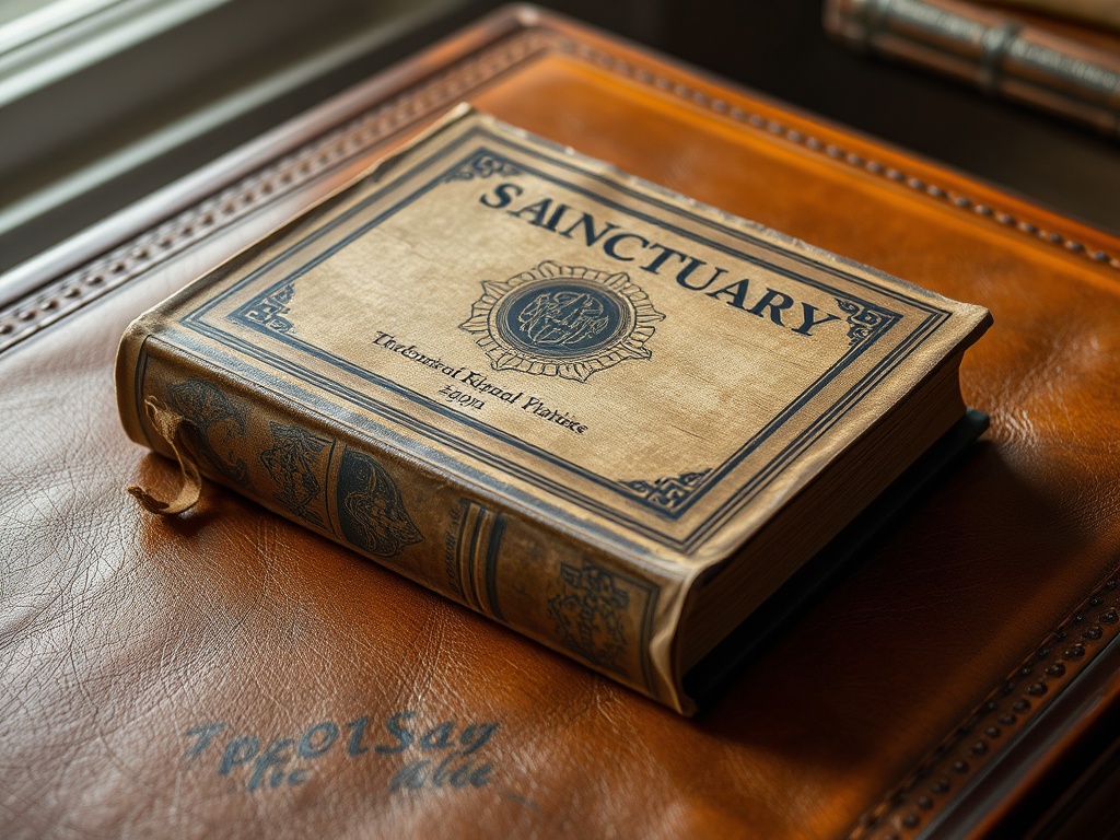 Sanctuary first edition lying on leather desk with intact dust jacket