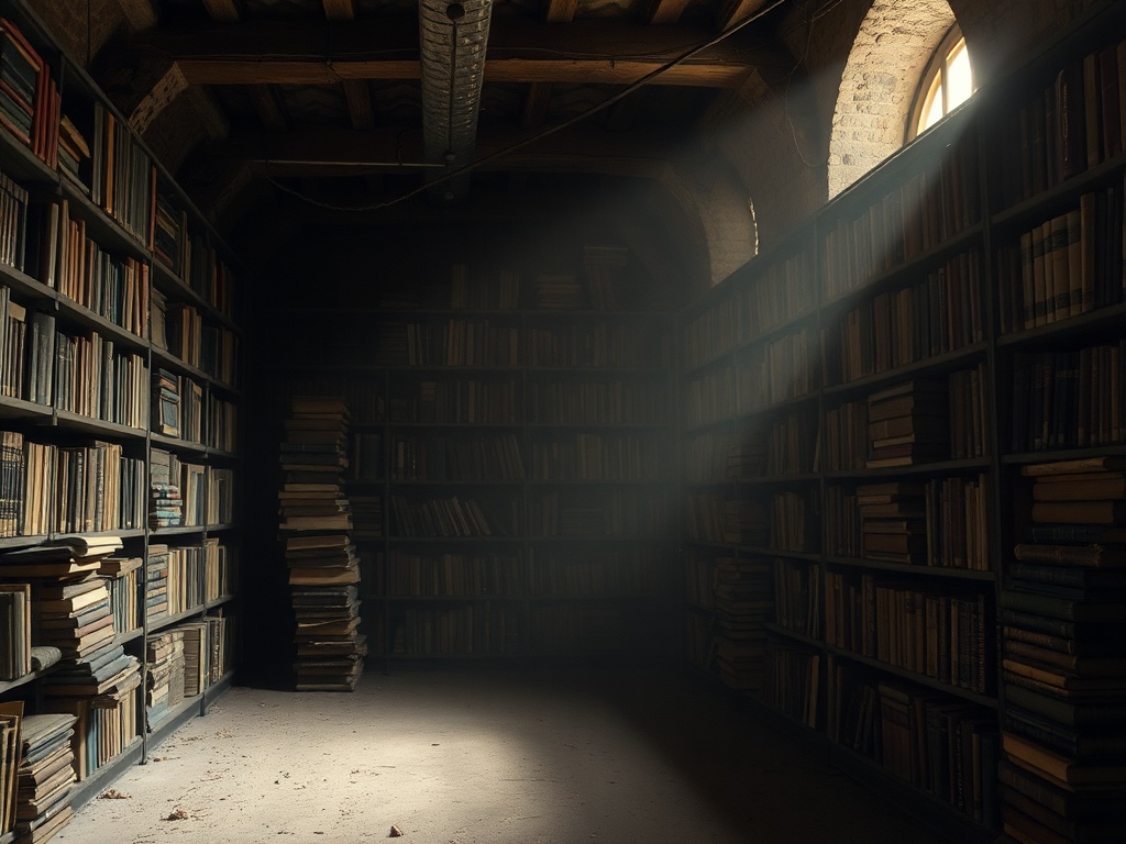 Old library basement with stacks of rare books and a faint beam of light highlighting dust
