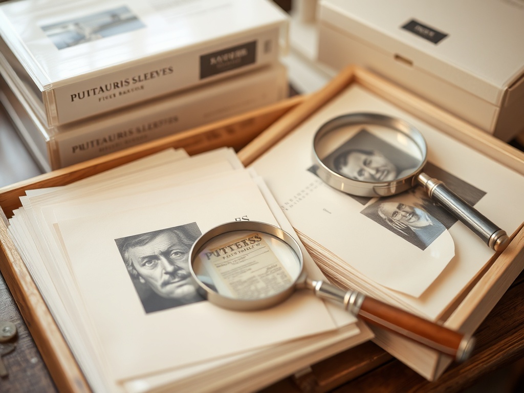 Preservation setup with Mylar sleeves, archival boxes, and a silver-framed magnifying glass