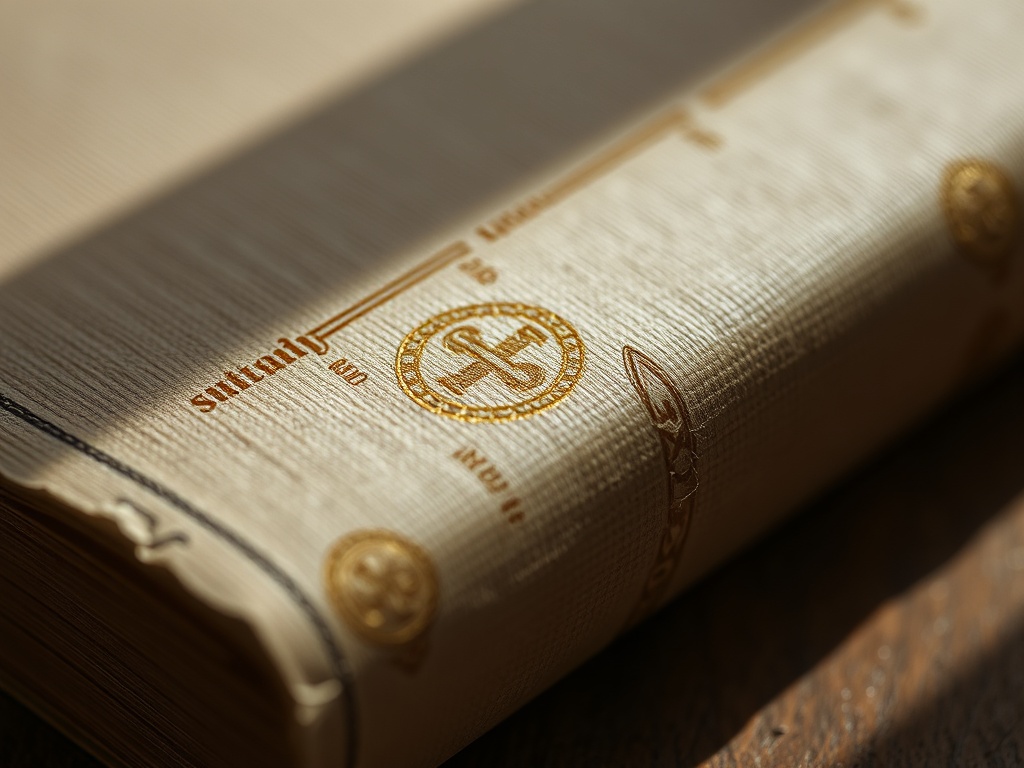 close-up of vintage book spine cloth texture with gold stamping under soft shadow lighting