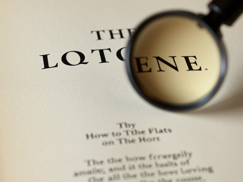 close-up of vintage book title page with aged paper texture and serif typography under magnifying glass