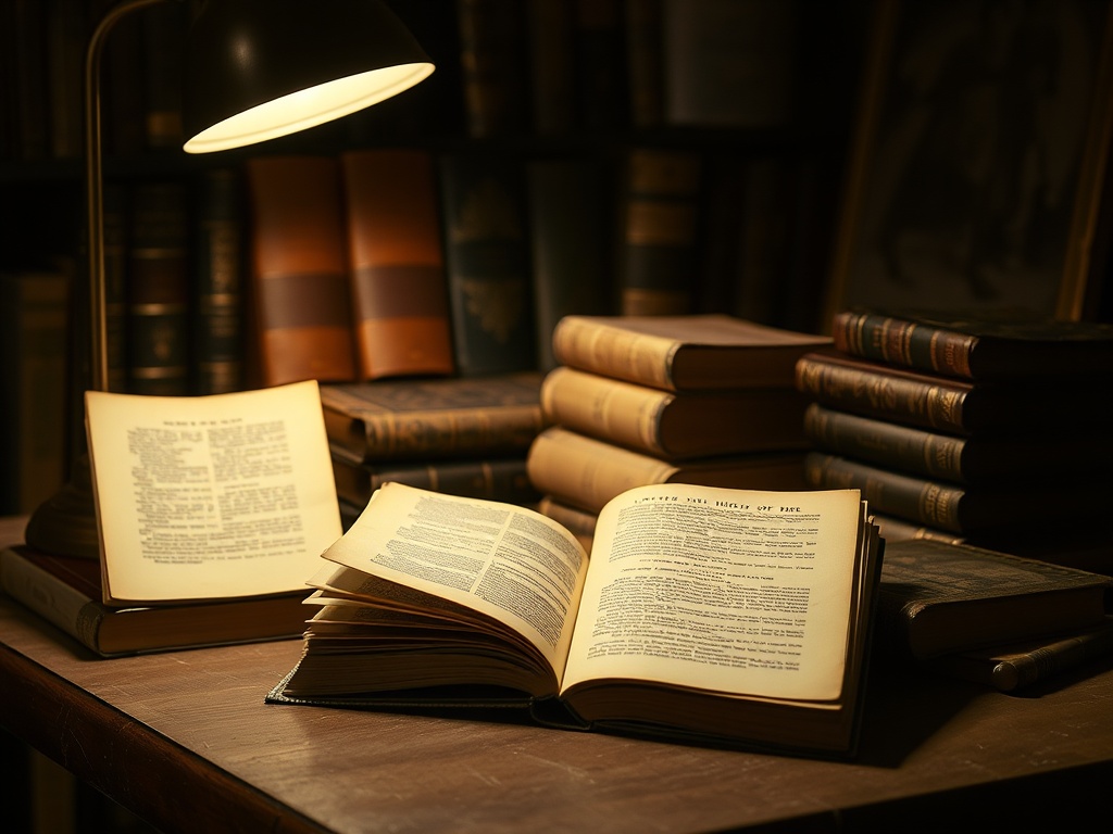 dimly lit estate sale table with vintage books, one open under soft lamplight showing aged pages and dust jacket