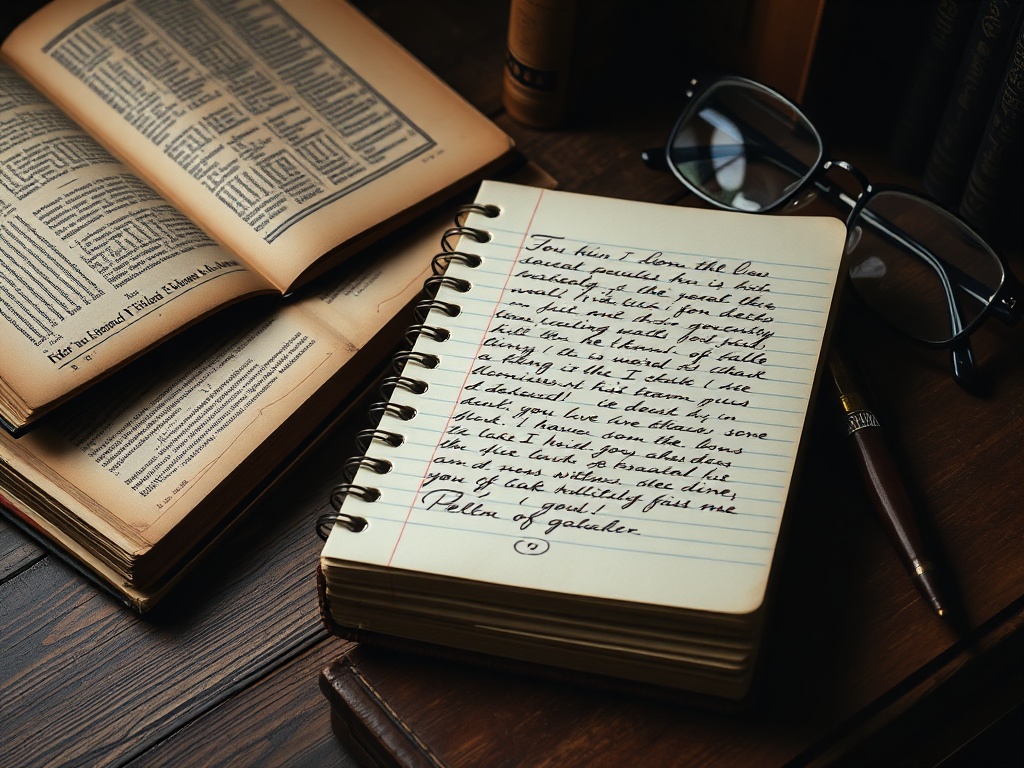 vintage notebook with handwritten notes beside rare books and reading glasses in dim study