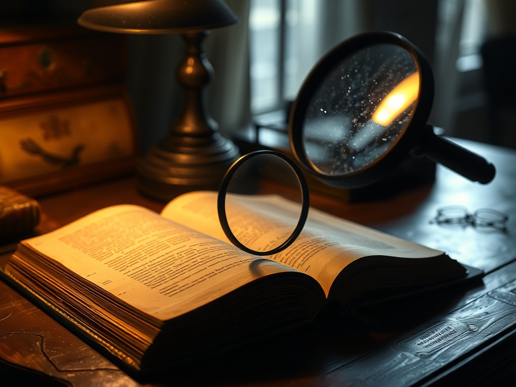 dimly lit antique desk with magnifying glass inspecting old book spine, dust particles in warm light, forensic atmosphere