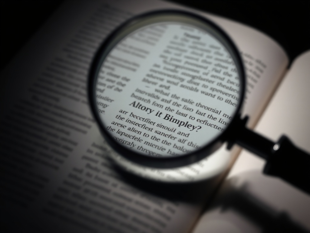 magnifying glass over printed page showing small typographical error, dramatic lighting