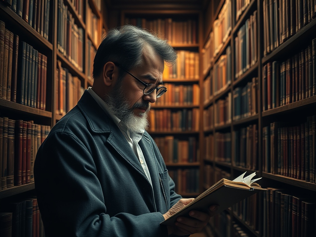 rare book collector examining shelves in dim library with notebook and spectacles, investigative mood