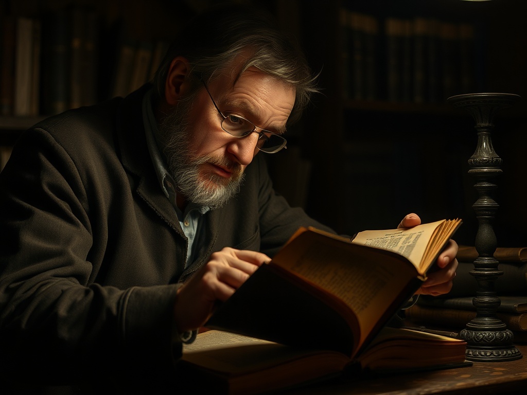 collector examining an old book closely in dim light, leaning in with serious expression, vintage study setting
