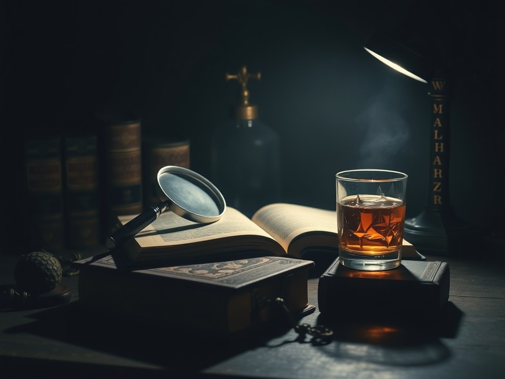 dimly lit Victorian study desk with old books, magnifying glass, silver spectacles, and a glass of amber whiskey casting shadows