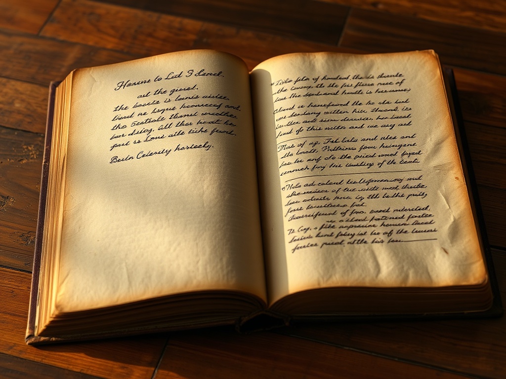 old book with handwritten inscription on first page, aged ink and textured paper under warm light