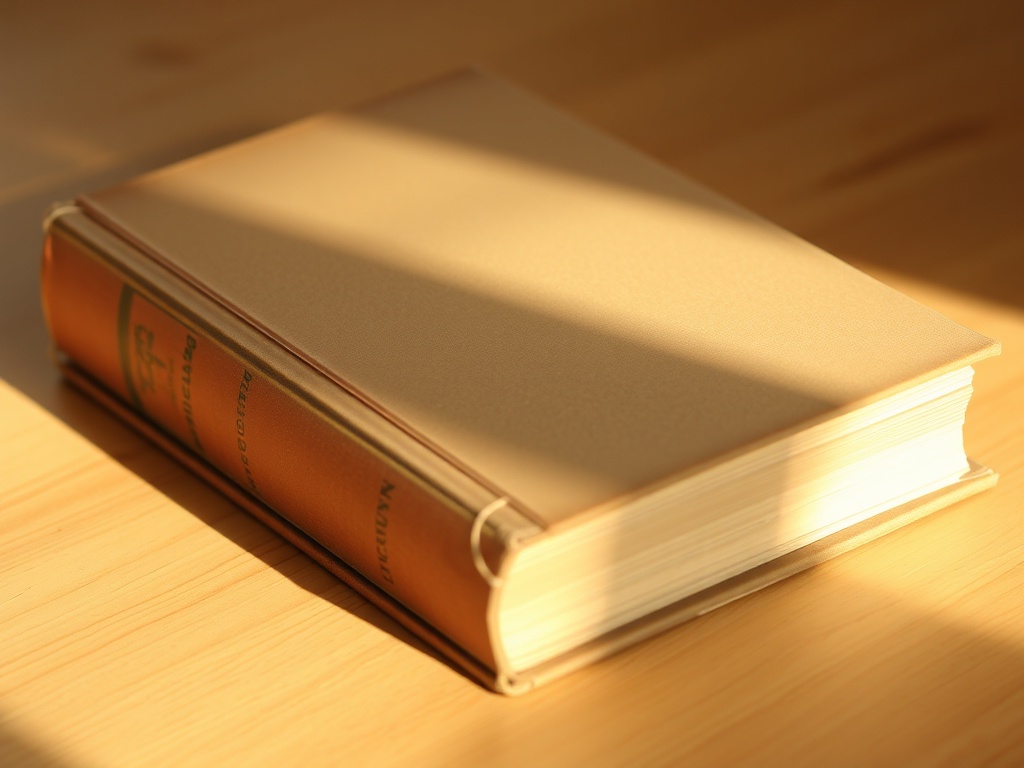 vintage hardcover book with slightly worn dust jacket, subtle tears and faded colors under warm low light