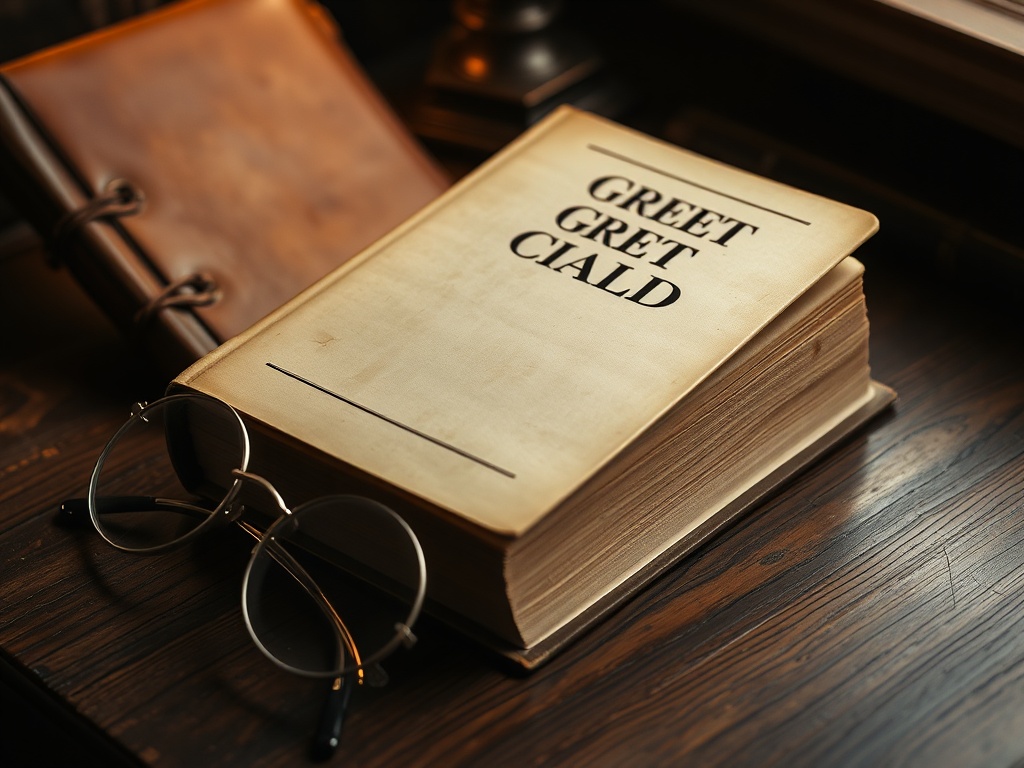 a rare first edition of The Great Gatsby on a wooden desk with silver spectacles resting beside it, an aged leather-bound journal, and a faint light highlighting the book's spine