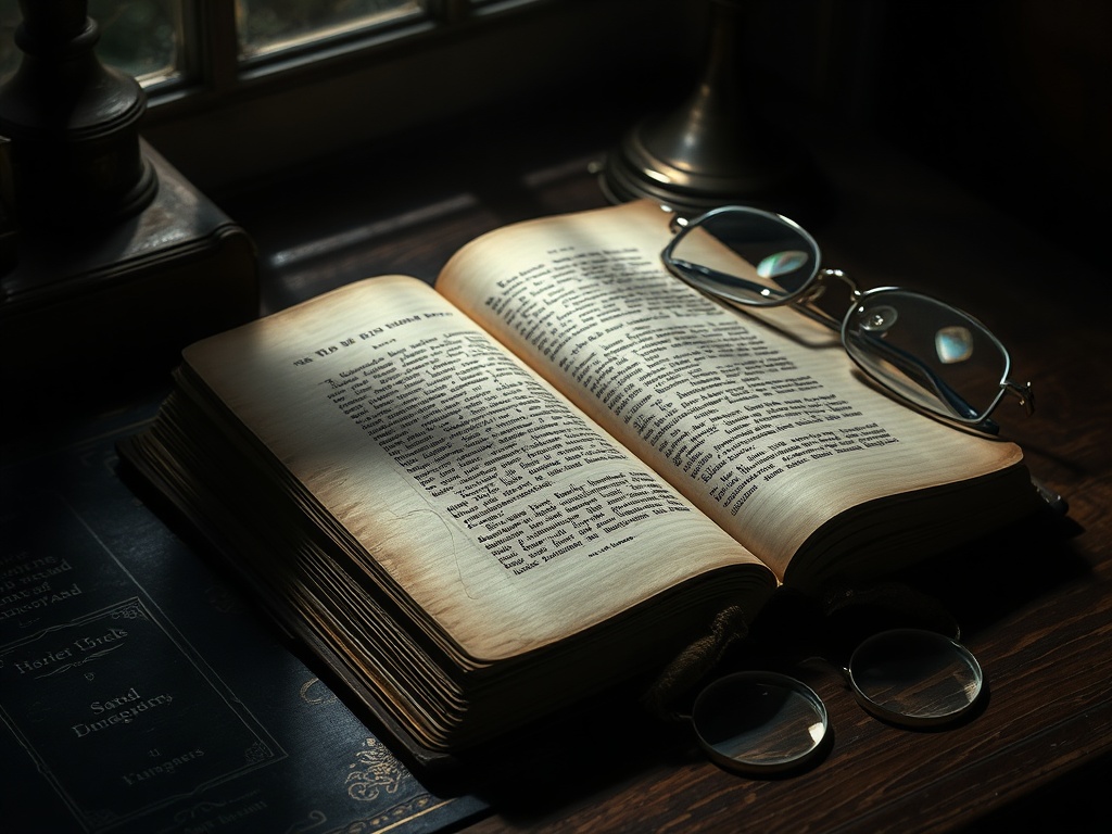 a dimly lit antique desk with an old hardcover book partially opened, dust jacket slightly misaligned, magnifying glass and silver spectacles nearby, moody shadows