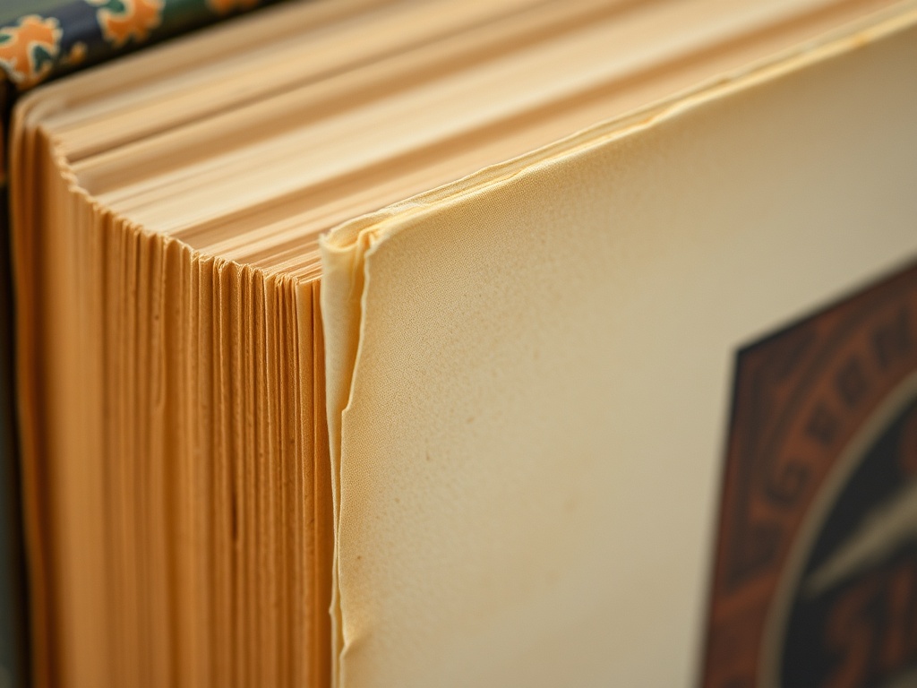 close-up of a vintage book spine and dust jacket with slightly different fading tones, visible texture differences, macro photography style