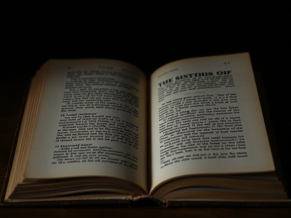 vintage 1920s style book resembling a classic novel, open to a page with slight printing imperfection, dramatic low lighting