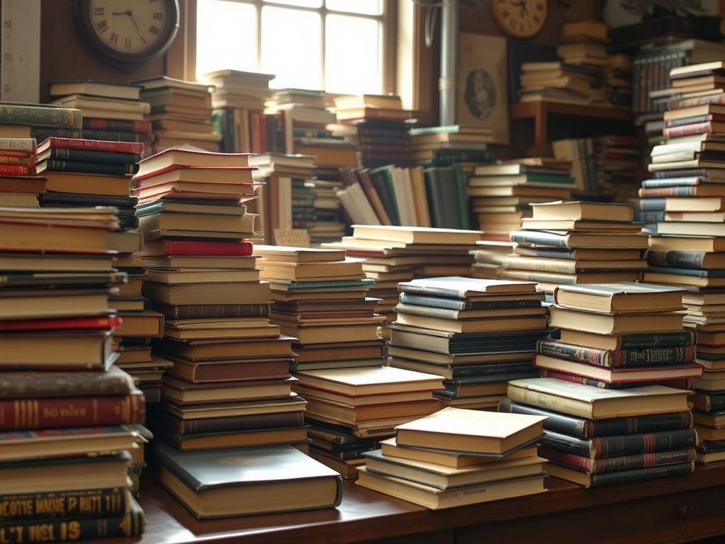 a cluttered estate sale table with stacks of old books, one highlighted under a beam of light