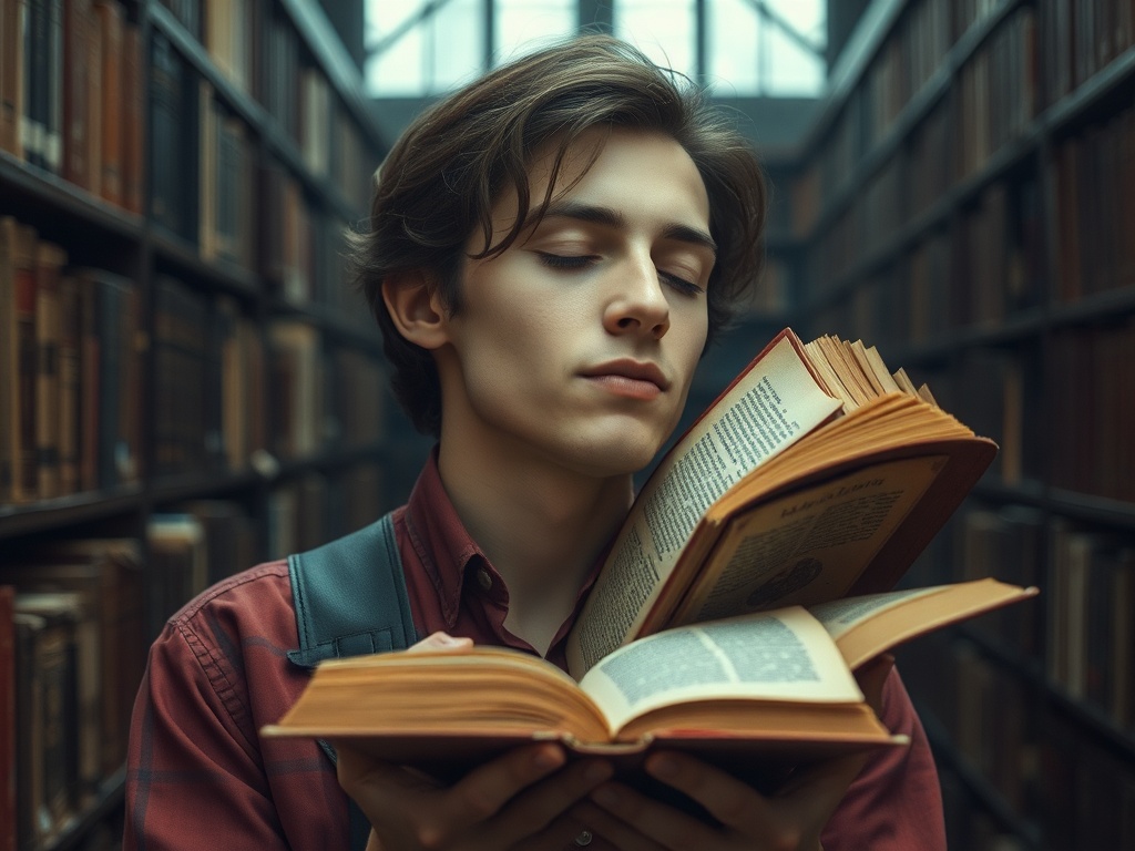 a collector holding an old book near their face, eyes closed, testing the scent in a moody library setting