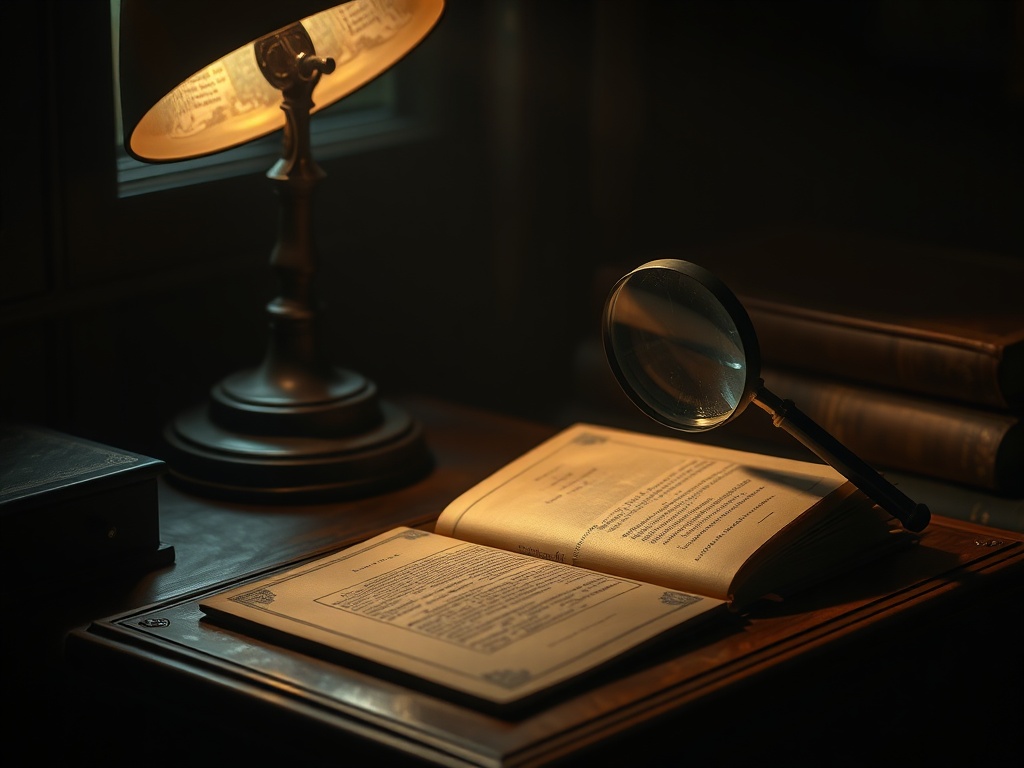 a dimly lit antique desk with a pristine vintage book under a magnifying glass, soft shadows, investigative atmosphere