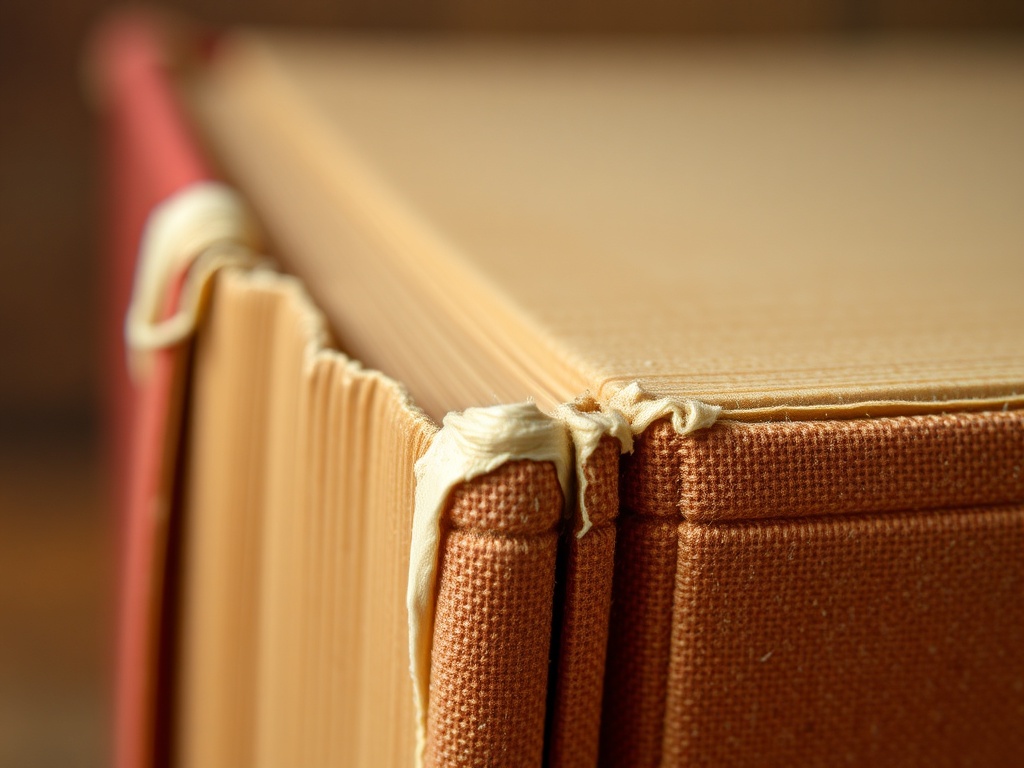 close-up of a vintage book spine and dust jacket edge under magnification, showing subtle wear and texture differences