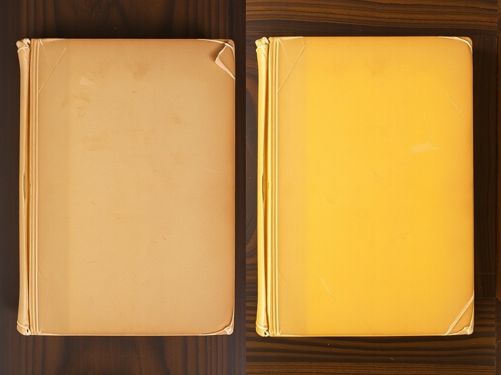 side-by-side comparison of a faded vintage dust jacket and a bright reproduction, highlighting uneven aging