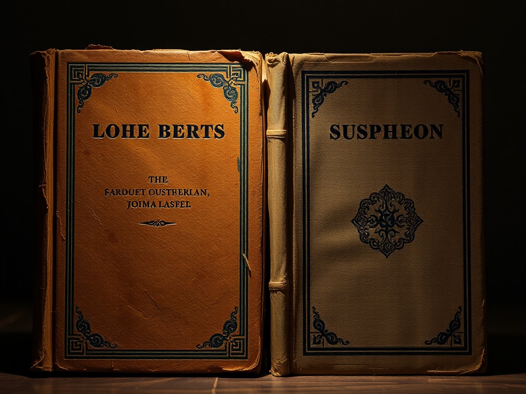 two vintage books side by side, one worn but authentic, one pristine but suspicious, under dramatic lighting