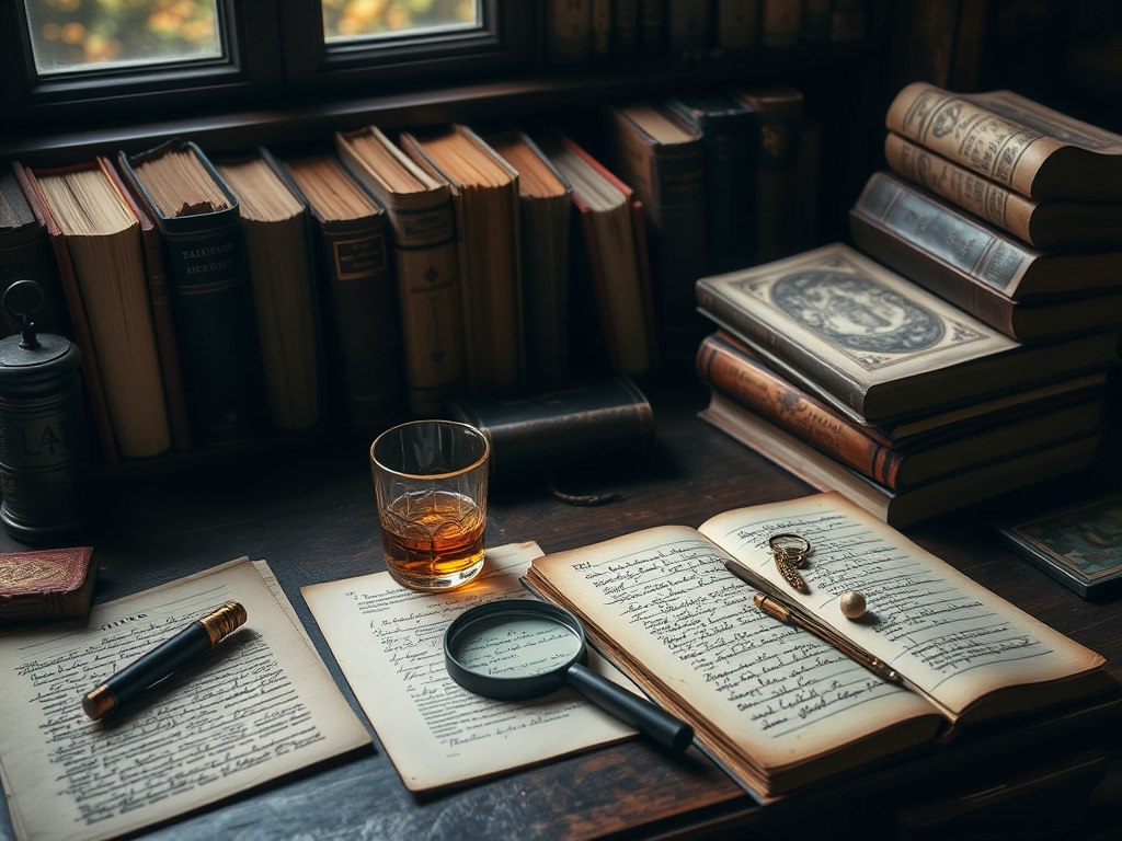 antique study desk with scattered rare books, handwritten notes, magnifying glass, and a glass of whiskey, moody investigative ambiance