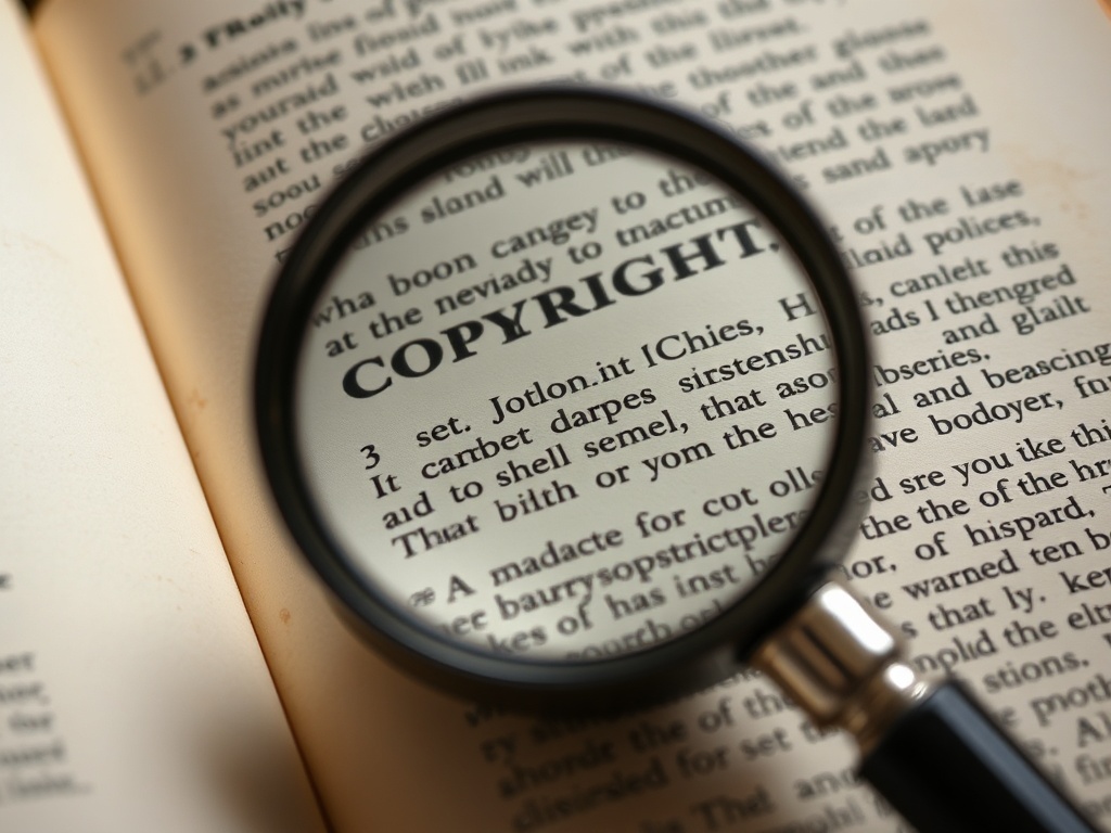 close-up of vintage book copyright page with crisp typography and slight aging, magnifying glass highlighting fine print details, high contrast lighting