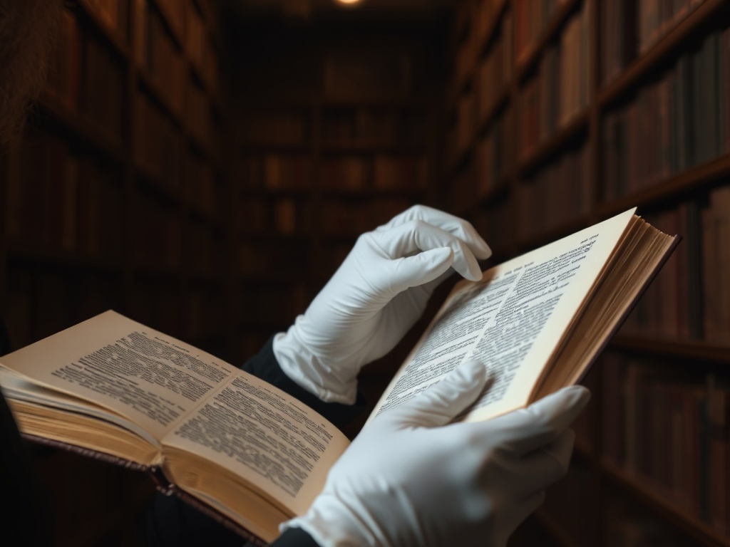collector carefully examining a rare book with white gloves, feeling paper texture, dim library setting with tall shelves, warm golden lighting
