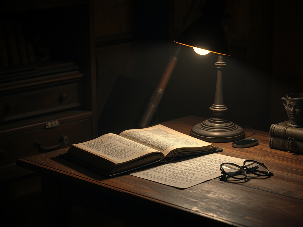 dimly lit antique wooden desk with an old hardcover book under a warm desk lamp, magnifying glass and spectacles nearby, moody shadows, investigative atmosphere