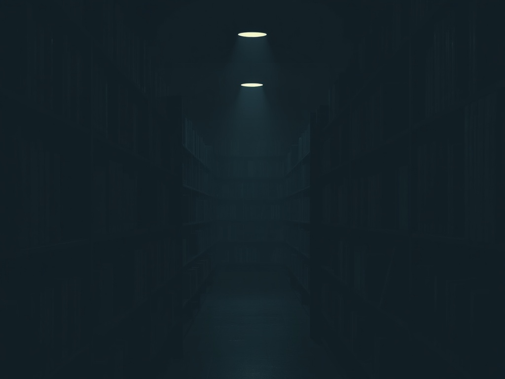 shadowy bookstore aisle with a single rare book left on a shelf, dramatic lighting, sense of mystery and restraint