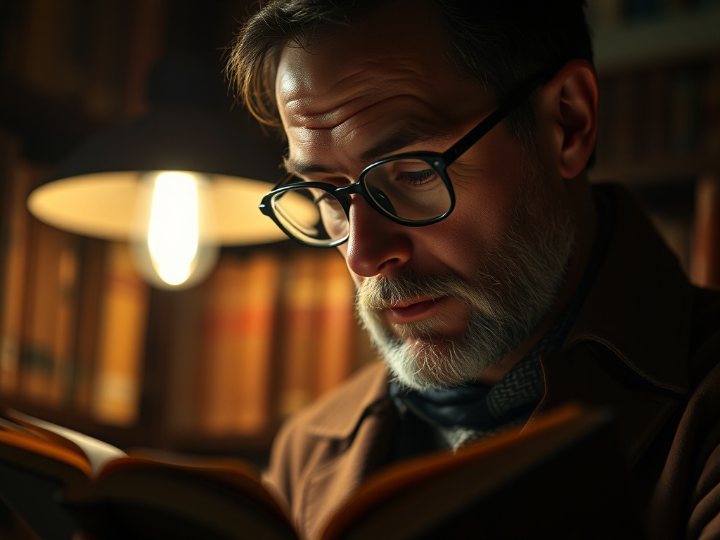 close-up of a rare book collector in dim study wearing glasses examining a book carefully, warm lamplight, contemplative mood