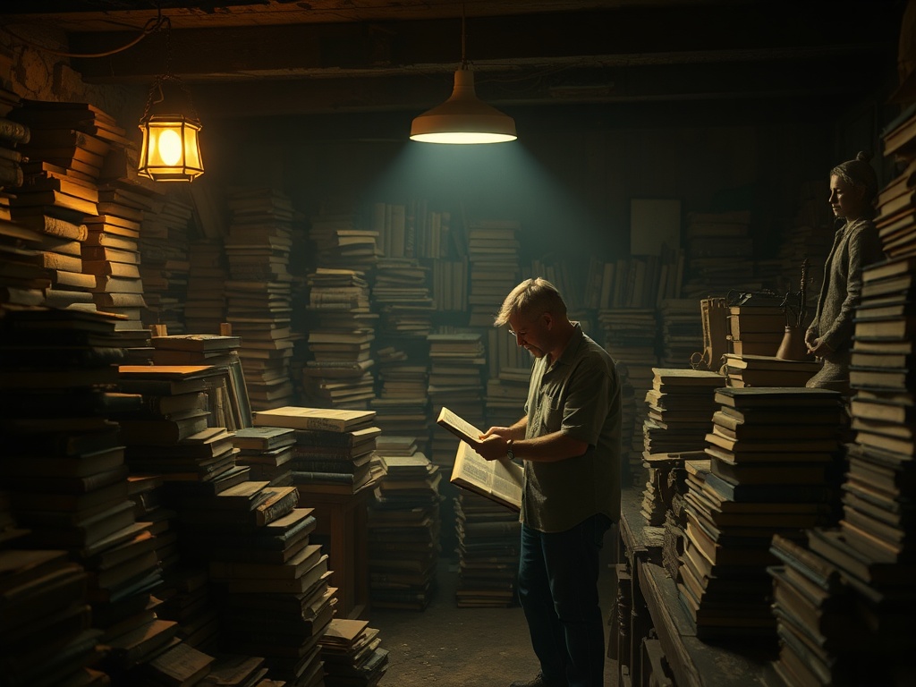 dusty basement estate sale scene with stacks of old books, a collector examining a book under warm light, moody cinematic feel
