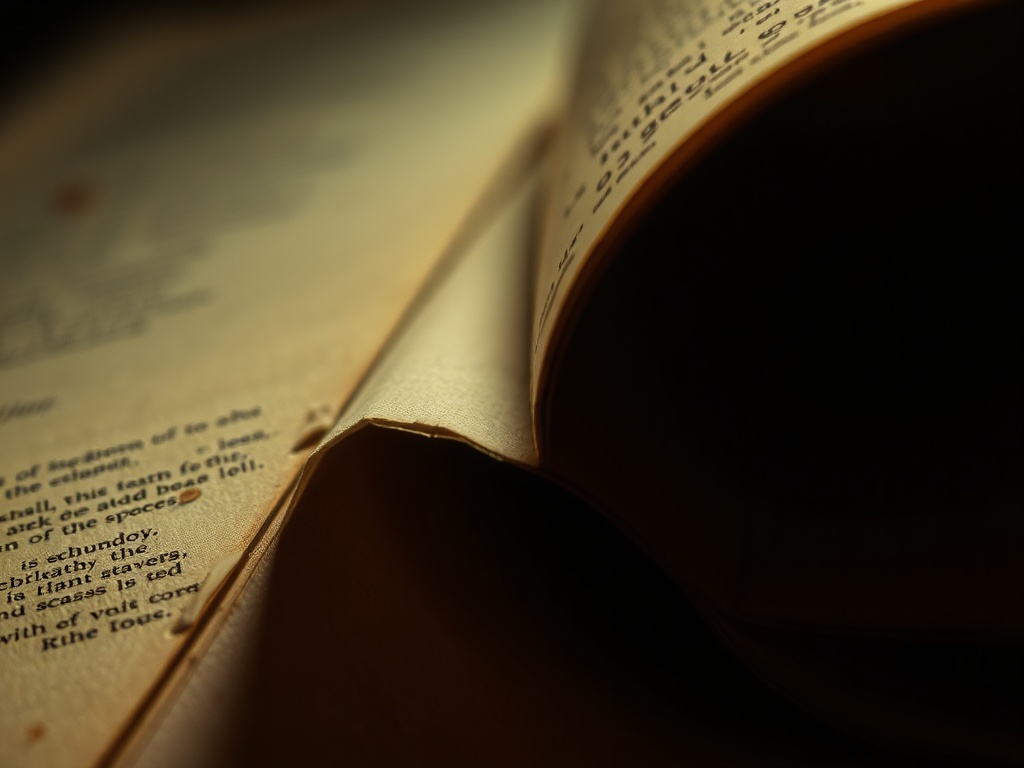 extreme close-up of an old book gutter, paper fibers visible, soft warm lamplight, forensic inspection mood, vintage study atmosphere