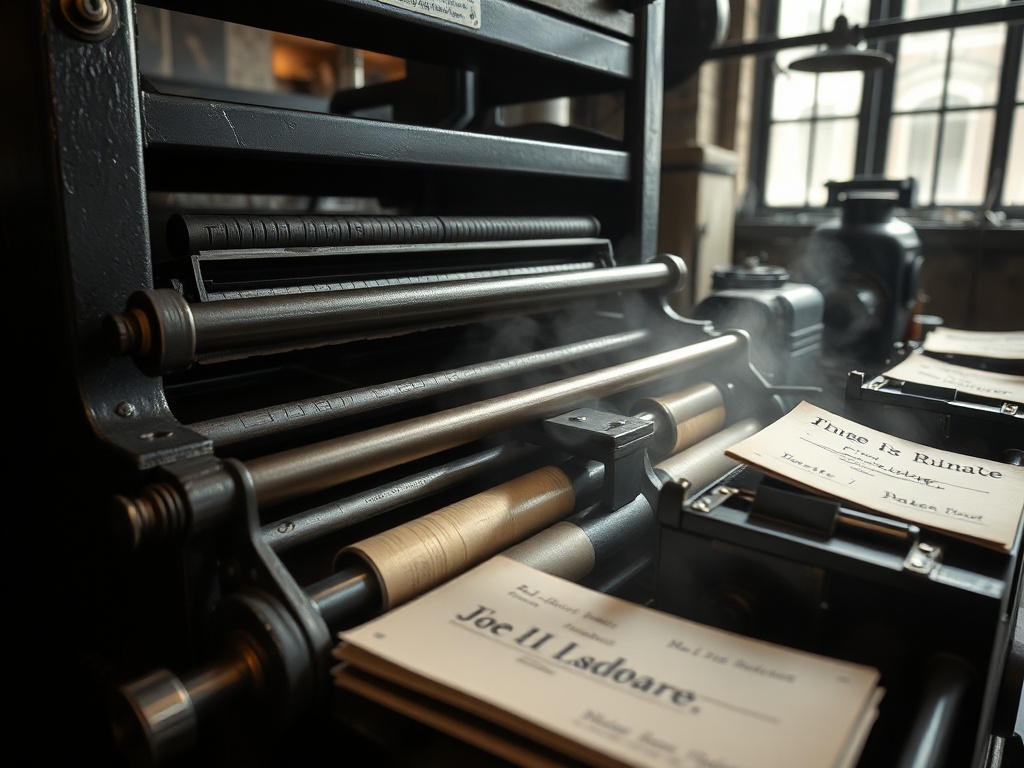 old publishing house printing press in motion, ink rollers and metal type, moody industrial lighting, historical atmosphere