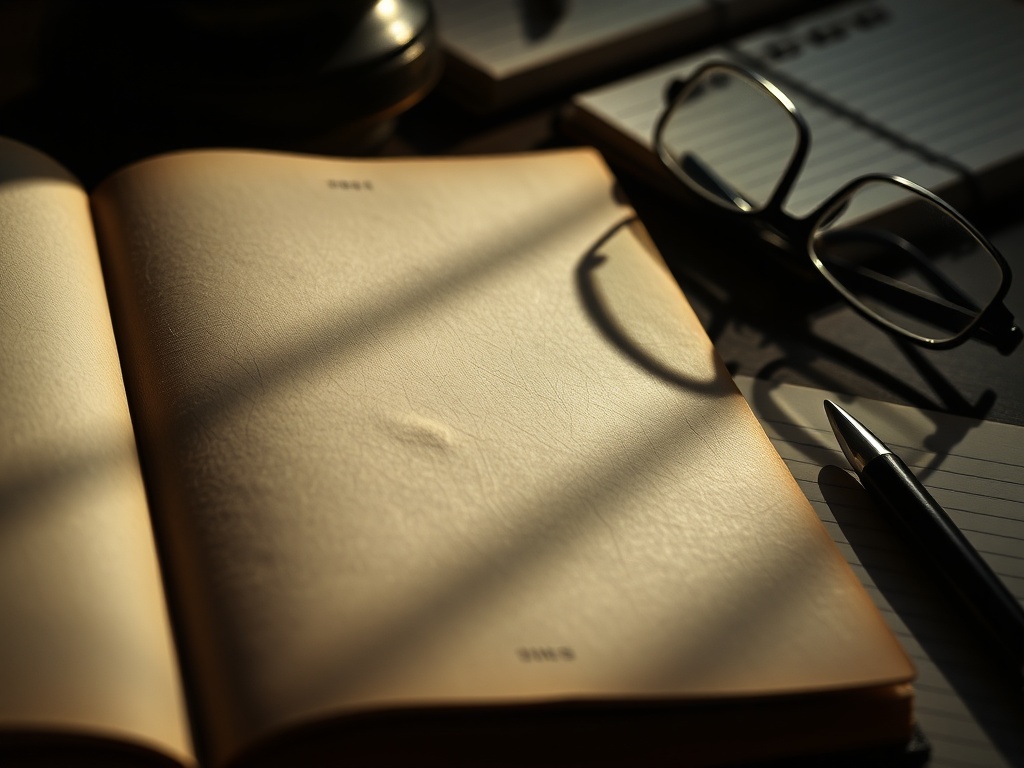 open antique book showing gutter shadowing and uneven ink impression, macro detail, dramatic shadows, 2am desk scene with spectacles and notebook