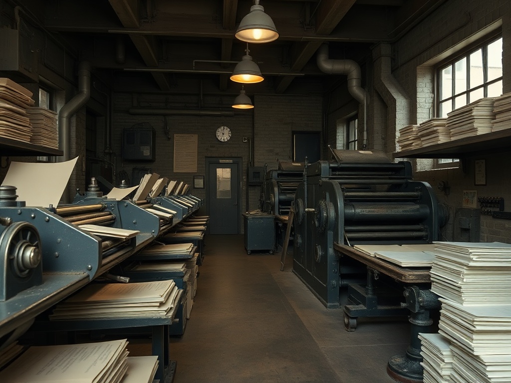 vintage wartime printing press room, worn machinery, dim lighting, paper stacks, historical documentary style