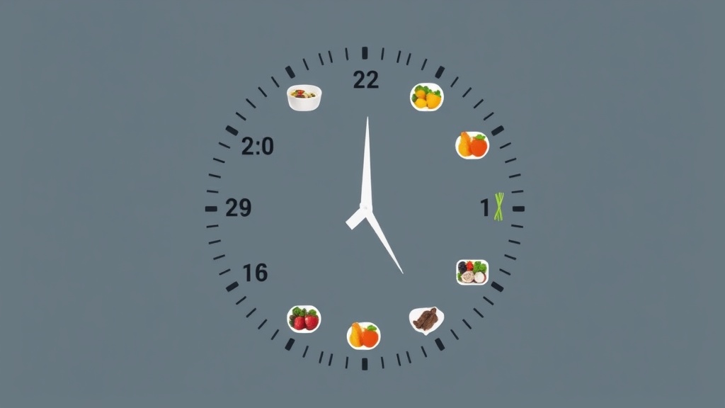 24‑hour clock with meal icons placed at optimal circadian times for a middle‑aged adult, showing breakfast at 7‑9 am, lunch at 12‑2 pm, dinner at 6‑8 pm, and optional snack at 10‑11 am