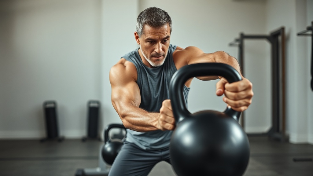 Man over 40 performing a farmer's carry with heavy kettlebells in a functional training gym