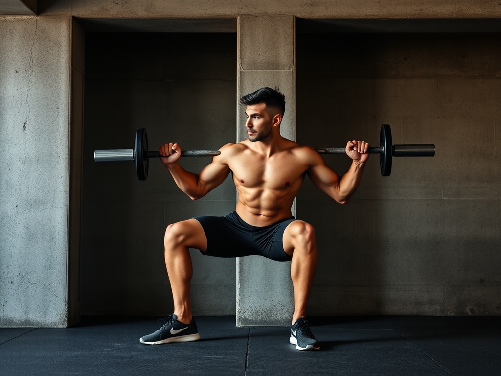 athlete holding deep wall sit against concrete wall, focused expression, minimalistic gritty gym setting