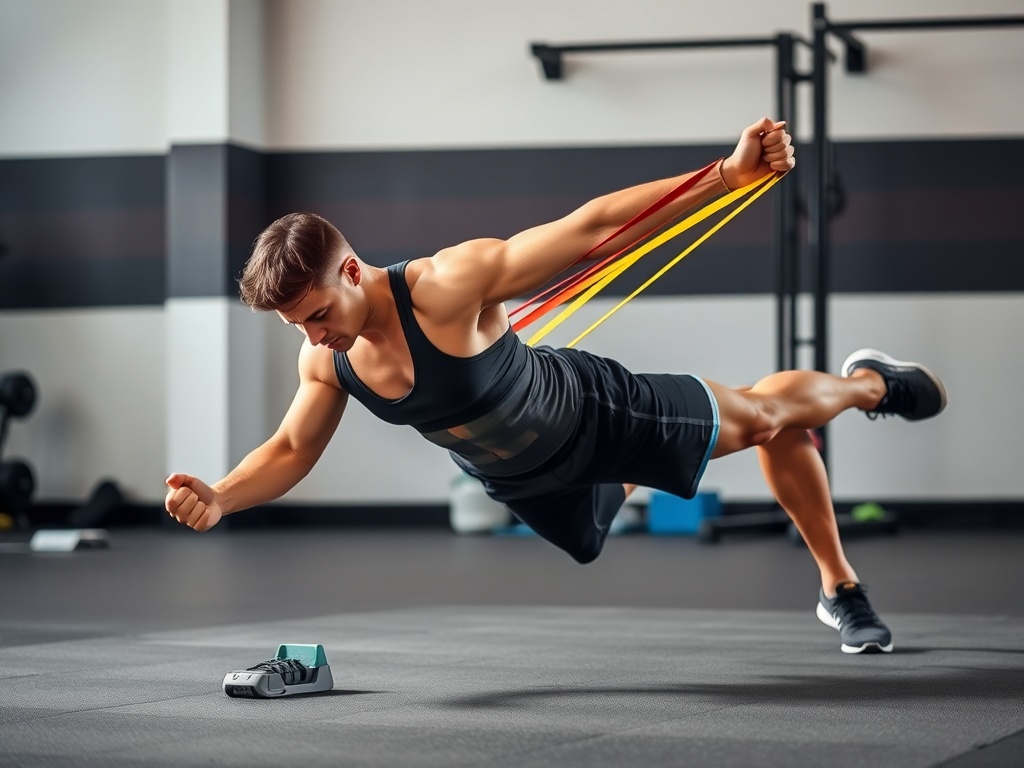 athlete performing mobility drills with resistance bands, focused and controlled movement, clean environment