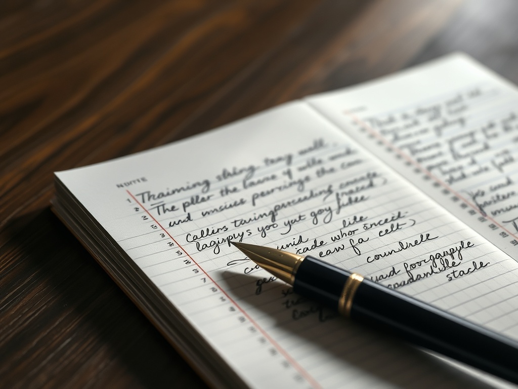 handwritten training log with fountain pen, detailed notes, strong contrast lighting