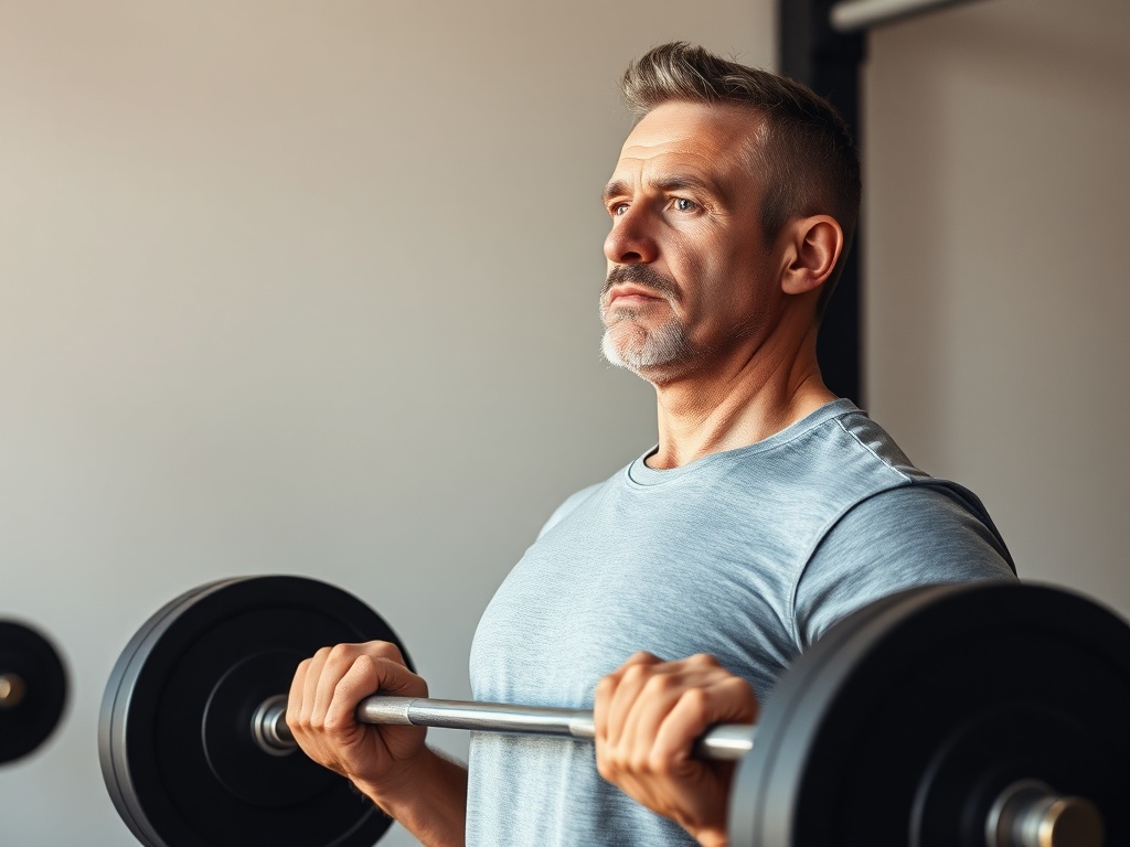 middle-aged man performing controlled deadlift in minimalist gym, neutral spine, focused expression, natural lighting