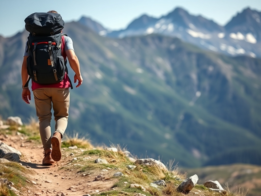 person walking outdoors with weighted backpack on trail, mountains in background, natural rugged environment