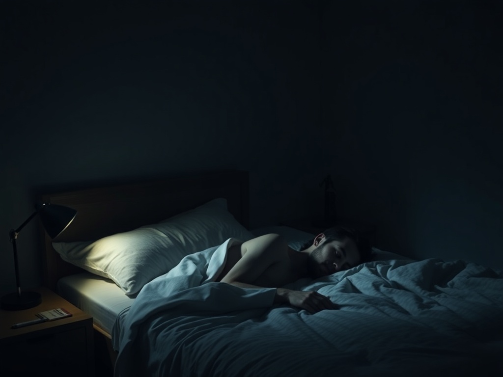 quiet dark bedroom with soft lighting, person sleeping peacefully, minimalist environment