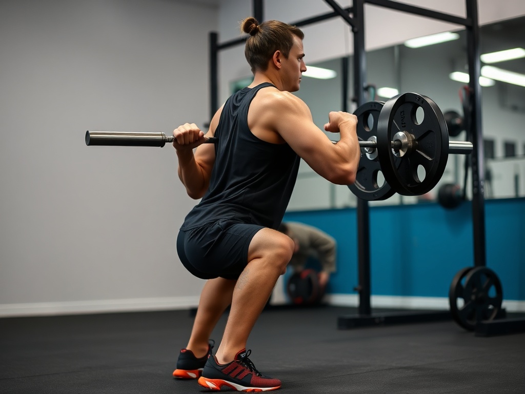 side view of controlled squat to safe depth with neutral spine, clean gym, no distractions