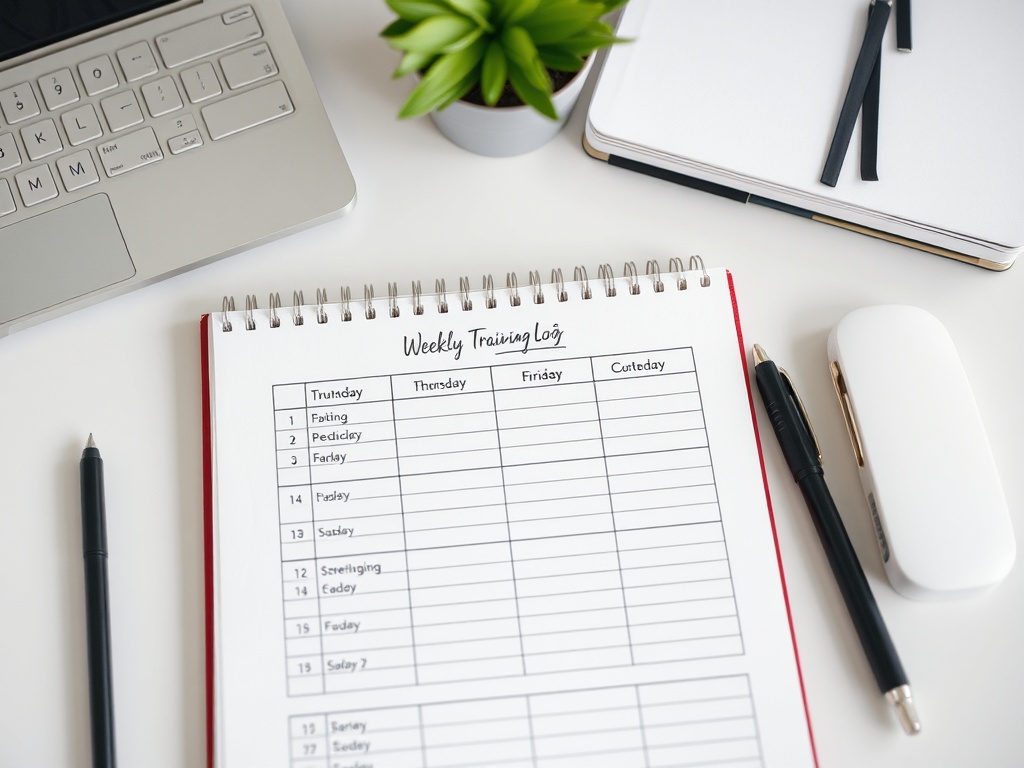 structured weekly training log notebook with pen, organized schedule, minimalist desk setup