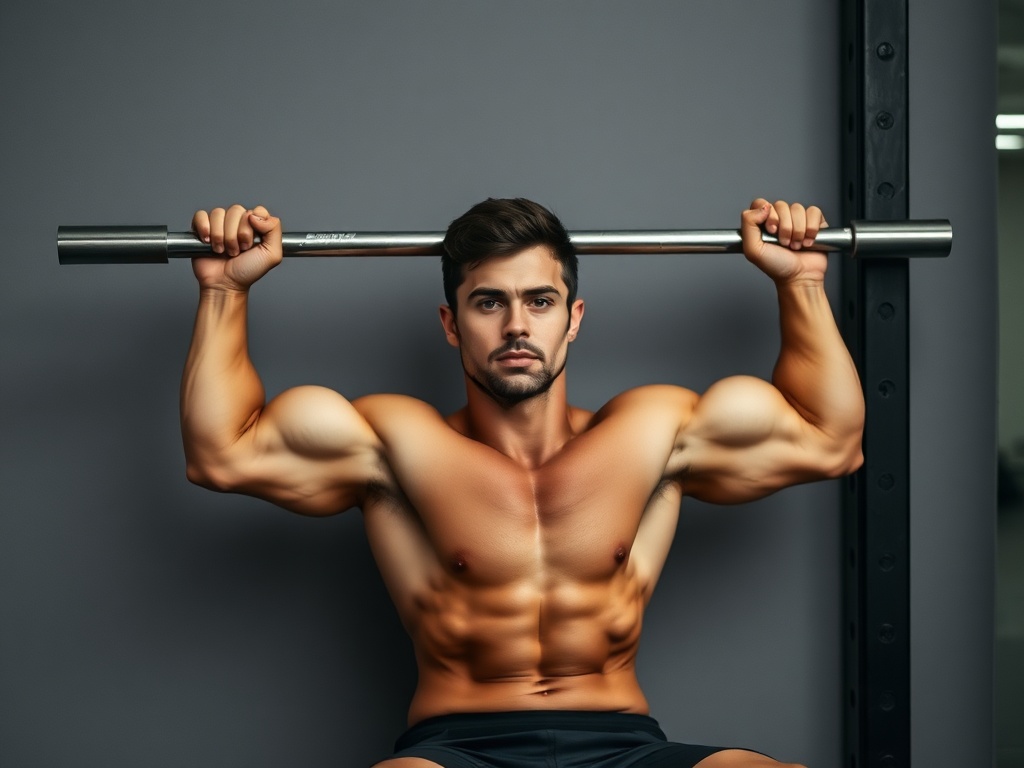 athlete holding wall sit with focused expression, muscles engaged, minimal gym environment, clean composition